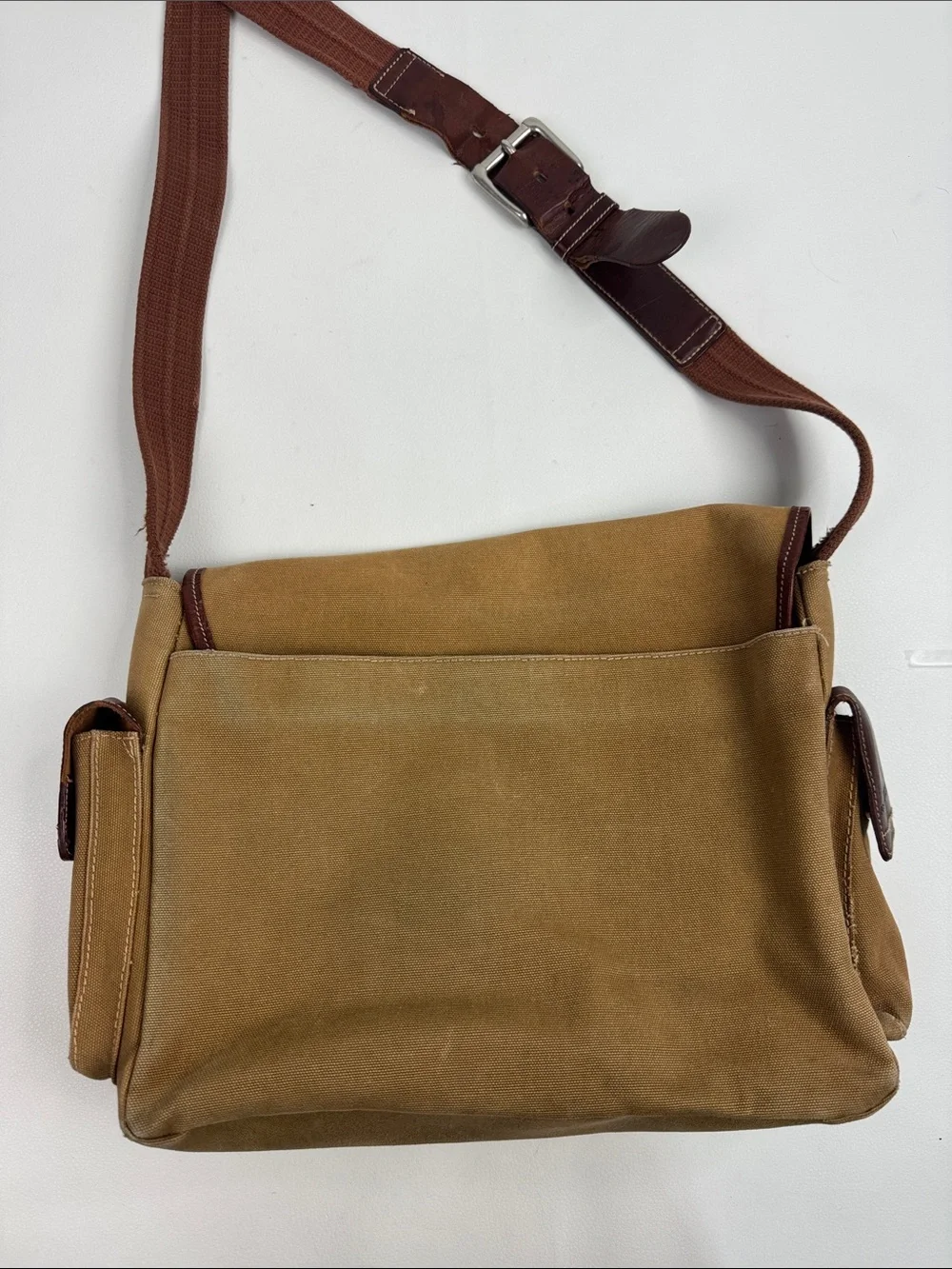 Vintage Fossil Tan Canvas Messenger crossbody Bag Brown Leather Trim Pockets